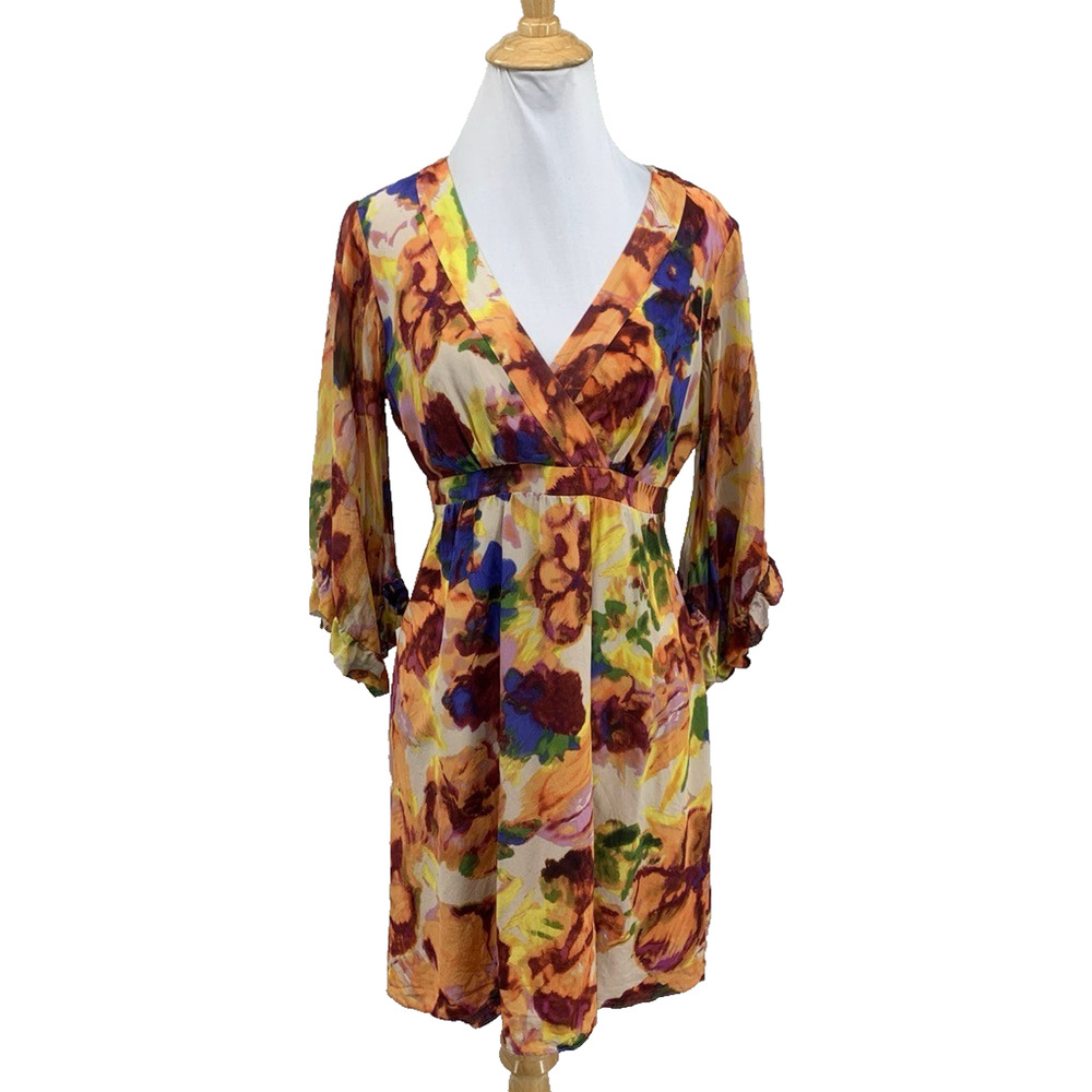 Maeve Dress Womens 2 Multi Deloria Silk Floral V Neck Bell Sleeve Cinch Waist